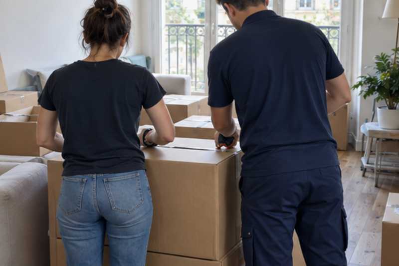 Jeune couple qui ferme des cartons dans un appartement, personnes de dos