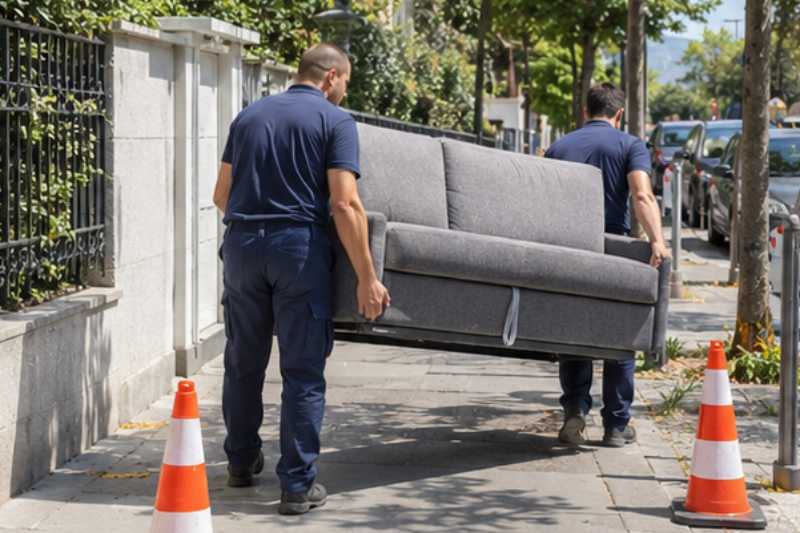 Deux déménageurs manœuvrent un canapé convertible lourd, trottoir urbain dégagé par un balisage léger
