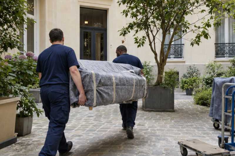 Deux déménageurs portent un canapé trois places sous couverture, cour intérieure d'immeuble, chariots roulants