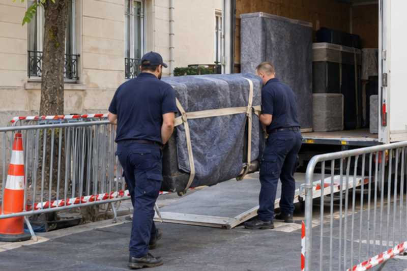 Deux déménageurs portent des meubles emballés sous couvertures, zone de chargement délimitée devant l'immeuble