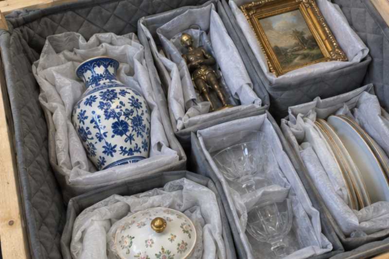 Objets de valeur emballés séparément dans une caisse matelassée