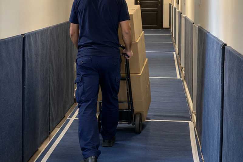 Déménageur qui roule une pile de cartons fermés sur un diable, long couloir d'immeuble protégé par des tapis