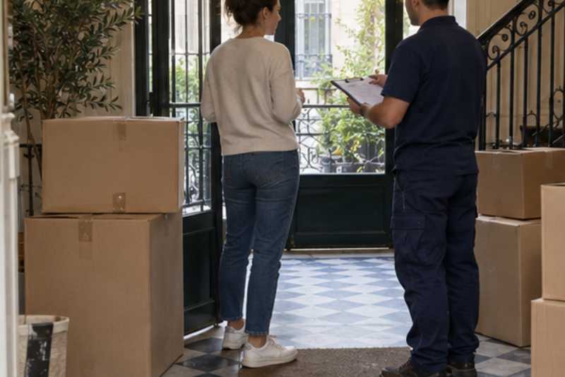 Déménageur qui échange avec un client dans une entrée, cartons autour