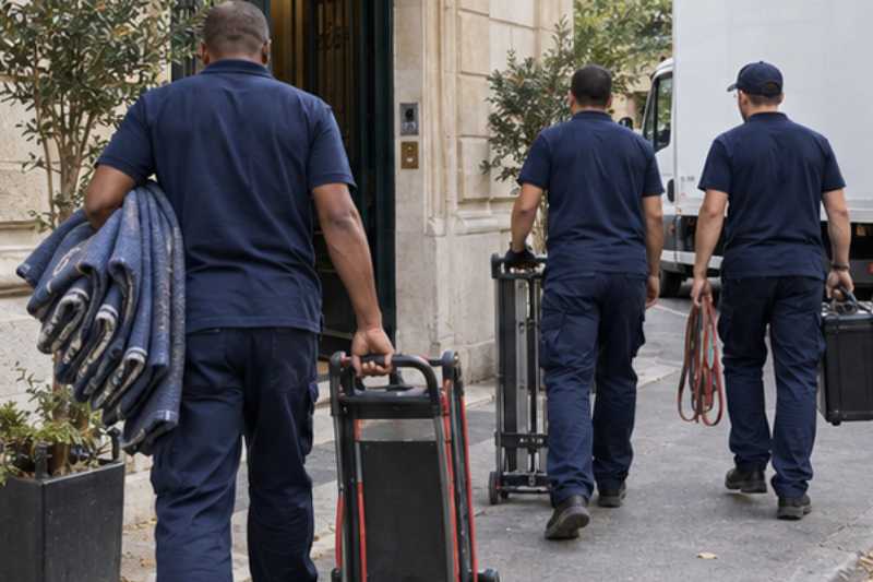 Équipe de déménageurs qui arrive avec son matériel devant une porte