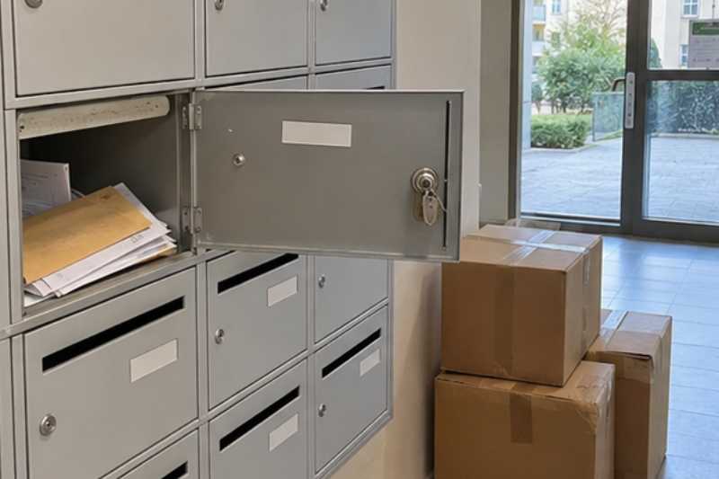 Boîte aux lettres d'immeuble avec étiquette vierge et cartons