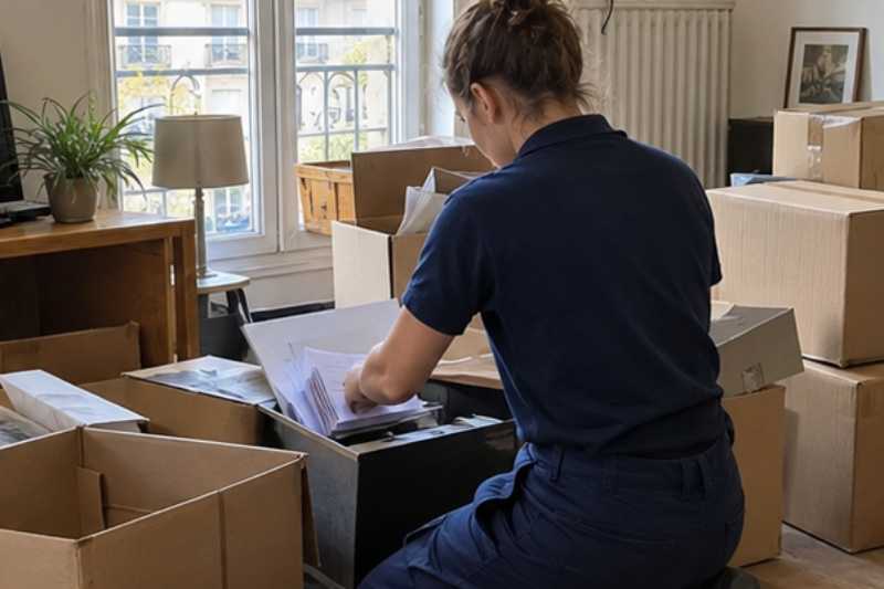Personne qui range du courrier dans un classeur au milieu des cartons