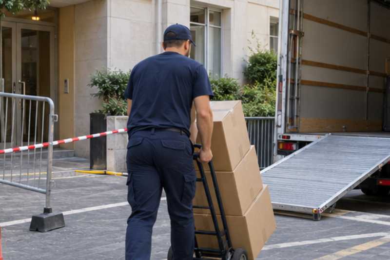 Déménageur qui roule une pile de cartons fermés sur un diable, zone de chargement délimitée devant l'immeuble