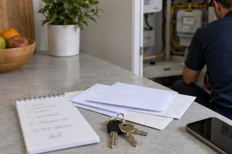Clés, compteurs relevés et enveloppes posés sur un plan de travail