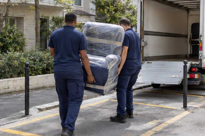 Deux déménageurs portent un fauteuil releveur emballé, zone de chargement délimitée devant l'immeuble