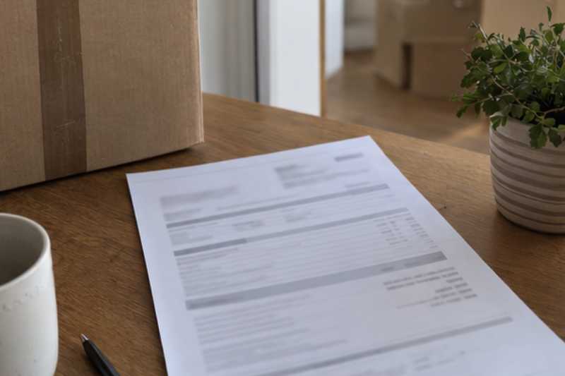 Devis papier posé sur une table à côté d'un carton