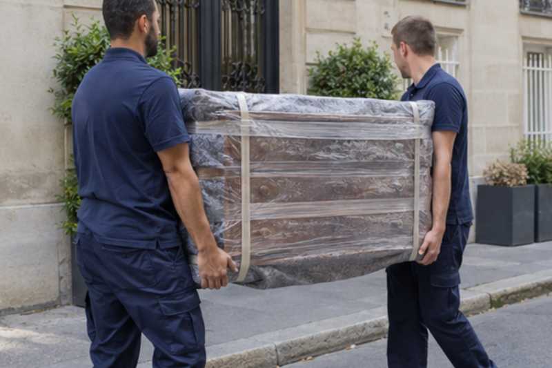 Deux déménageurs portent une commode à tiroirs emballée, rue résidentielle d'Île-de-France devant un immeuble