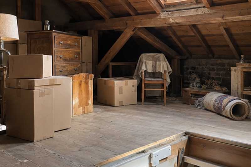 Grenier sous les toits vidé, cartons et vieux meubles près de la trappe