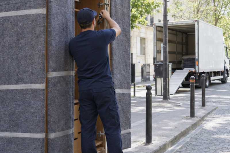 Déménageur qui démonte une armoire trois portes, panneaux protégés par des couvertures, trottoir, camion garé sur une place de livraison au loin