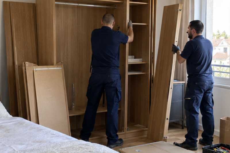 Déménageurs qui démontent une grande armoire dans une chambre parentale