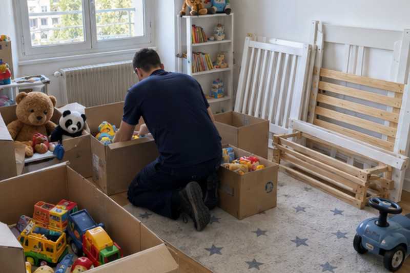 Chambre d'enfant en cours de rangement, cartons de jouets et lit démonté