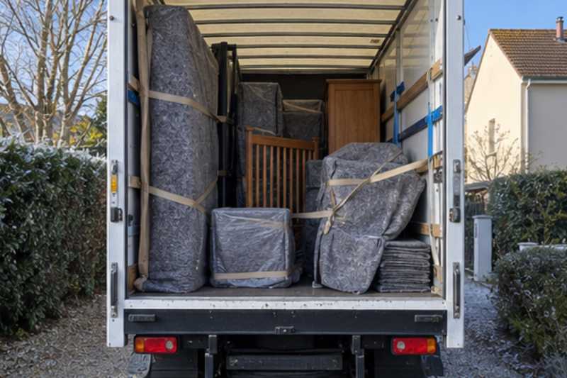 Vue arrière du camion ouvert, meubles calés sous couvertures, Achères