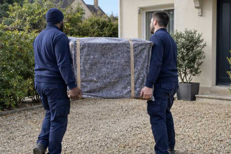 Deux déménageurs portent une commode emballée dans une couverture de protection, Achères