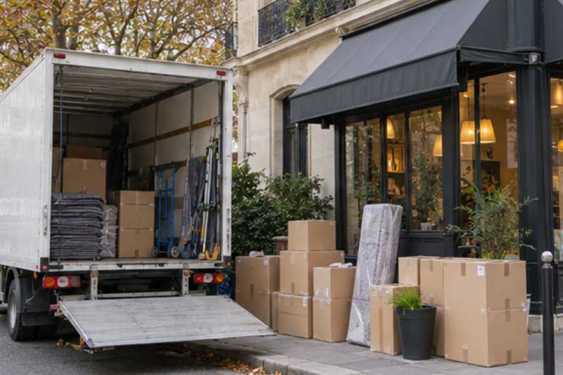 Camion de déménagement blanc garé le long du trottoir, hayon abaissé, cartons alignés, Alfortville