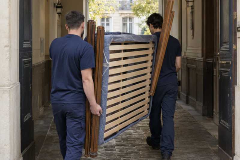 Déménageurs qui portent un sommier et les montants d'un lit démonté, porche bas d'immeuble ancien