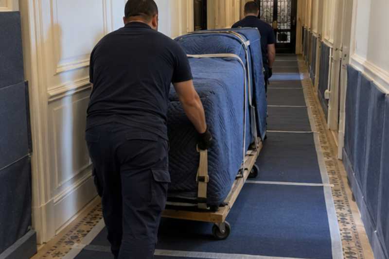 Déménageurs qui déplacent un piano demi-queue couché sur une planche de transport, protégé par des couvertures, long couloir d'immeuble protégé par des tapis