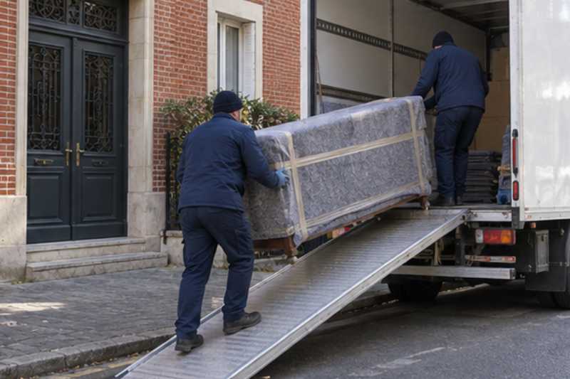 Chargement d'un buffet emballé par la rampe du camion, Antony