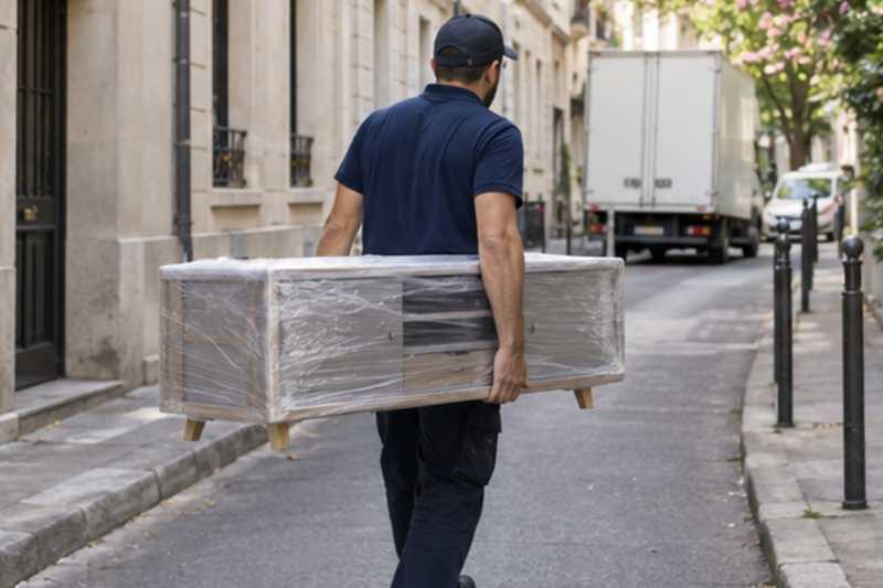 Déménageur qui porte un meuble TV bas entouré de film, rue étroite, camion blanc garé plus loin