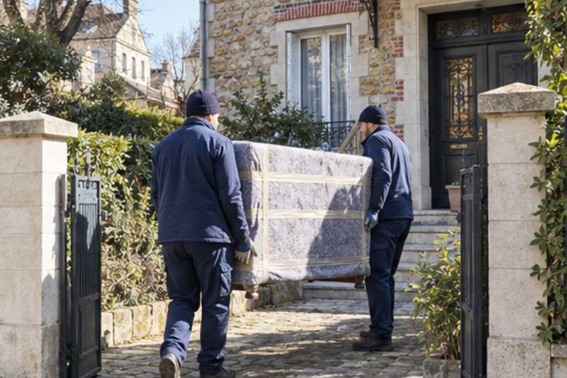 Deux déménageurs portent une commode emballée dans une couverture de protection, Antony