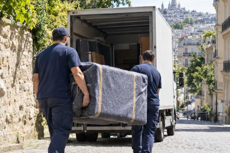Deux déménageurs portent des meubles emballés sous couvertures, rue en pente, camion calé le long du trottoir