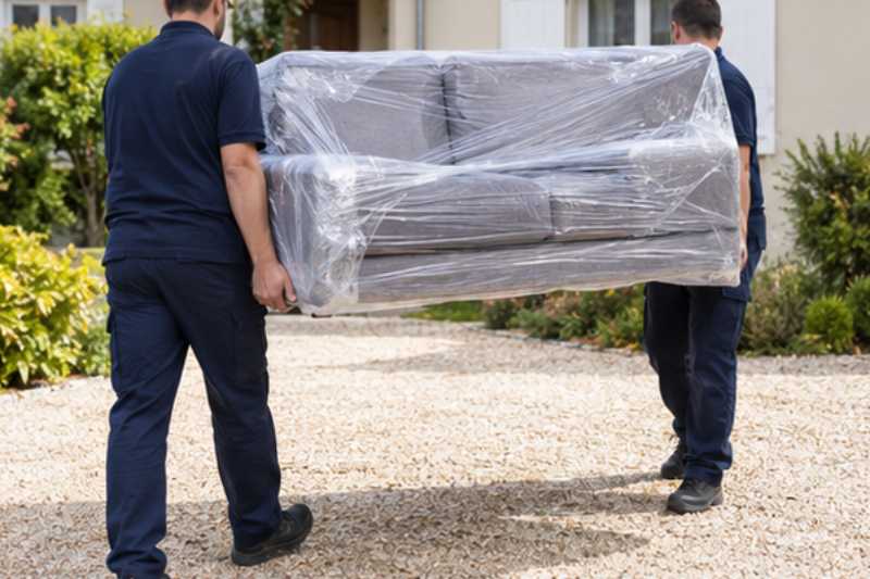 Déménageurs portant un canapé emballé sous film plastique, Argenteuil