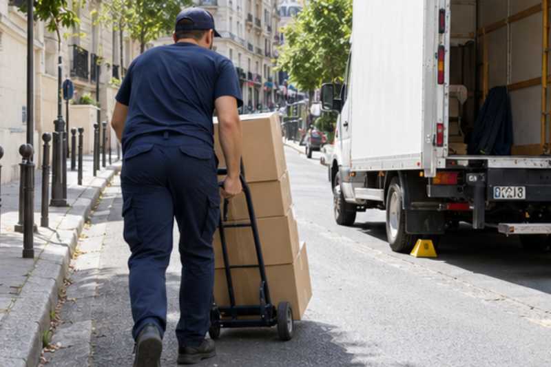 Déménageur qui roule une pile de cartons fermés sur un diable, rue en pente, camion calé le long du trottoir