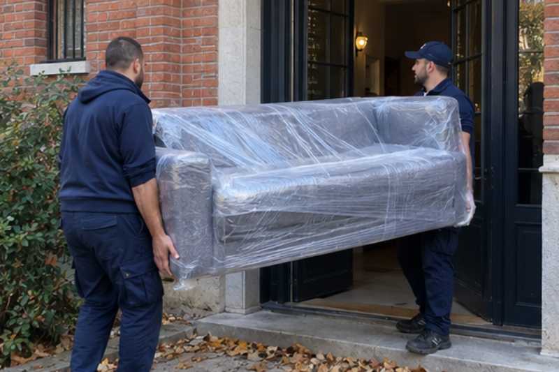 Déménageurs portant un canapé emballé sous film plastique, Asnières-sur-Seine