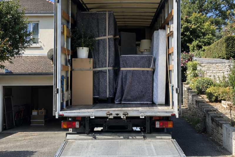 Vue arrière du camion ouvert, meubles calés sous couvertures, Athis-Mons