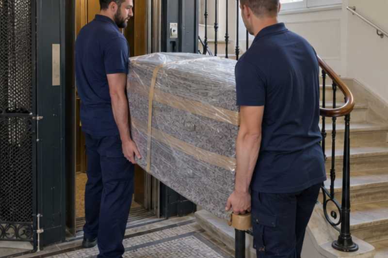 Deux déménageurs portent une commode à tiroirs emballée, cage d'escalier à côté d'un petit ascenseur