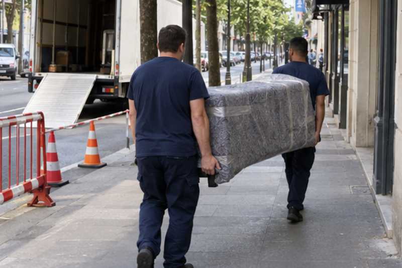 Deux déménageurs portent des meubles emballés sous couvertures, trottoir urbain dégagé par un balisage léger