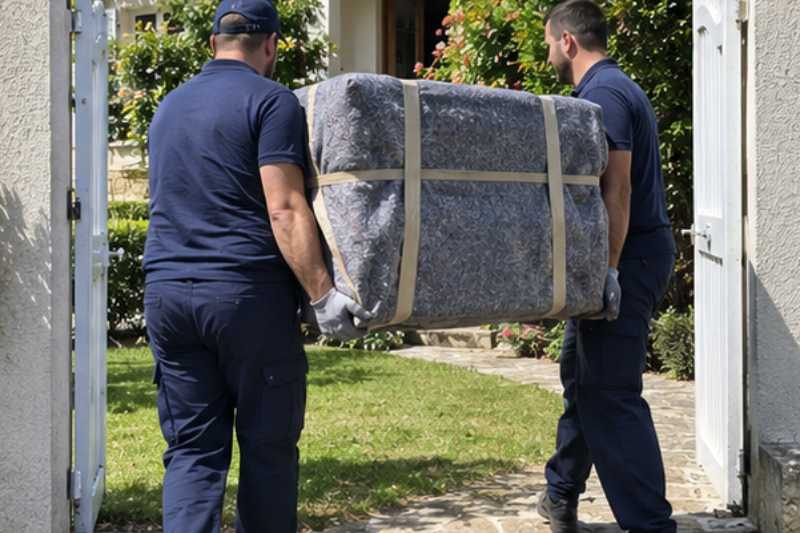 Deux déménageurs portent une commode emballée dans une couverture de protection, Athis-Mons