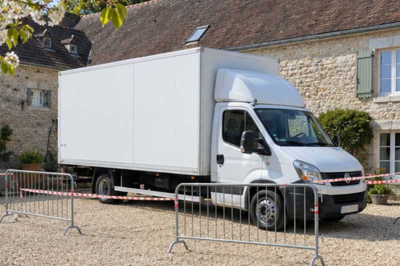 Camion blanc sur une place réservée délimitée par des barrières, Aubergenville