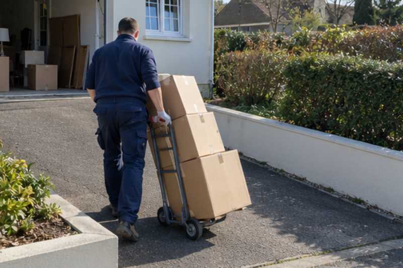 Un déménageur descend des cartons empilés sur un diable, Aubergenville