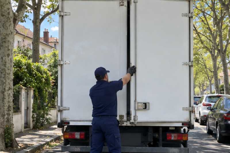 Déménageur qui ferme les portes arrière du camion chargé, Aubervilliers