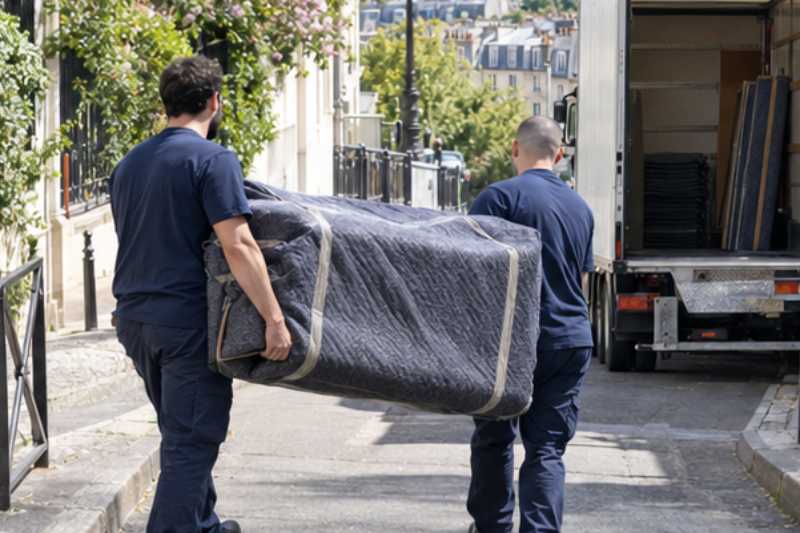 Deux déménageurs portent des meubles emballés sous couvertures, rue en pente, camion calé le long du trottoir