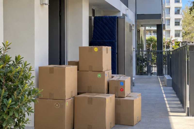 Pile de cartons fermés et étiquetés prête au pied de l'entrée, Aubervilliers