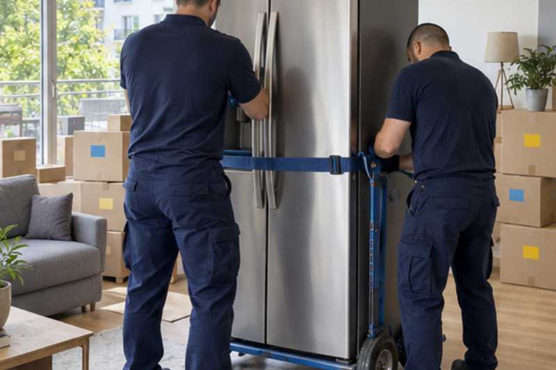 Deux déménageurs sanglent un réfrigérateur américain debout sur un diable, salon rempli de cartons étiquetés de deux couleurs
