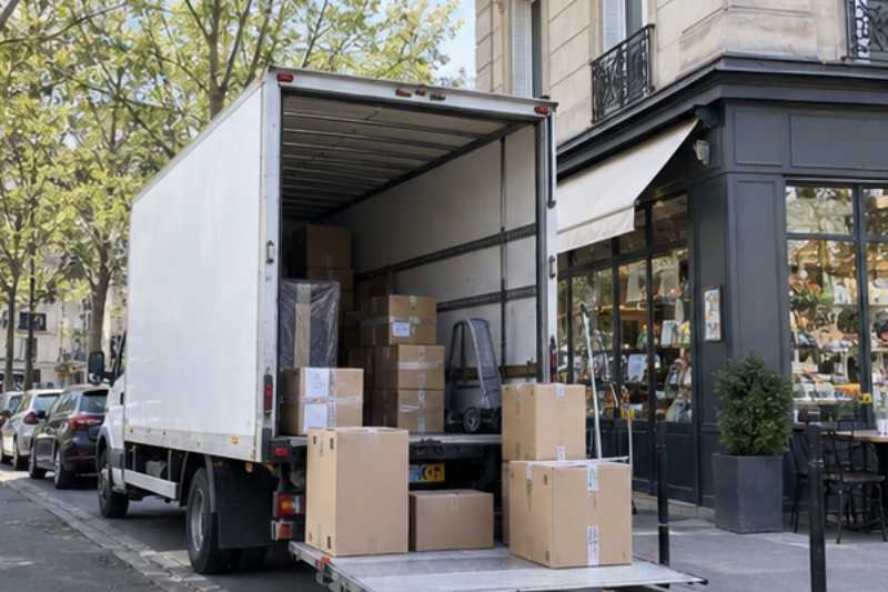 Camion de déménagement blanc garé le long du trottoir, hayon abaissé, cartons alignés, Aulnay-sous-Bois