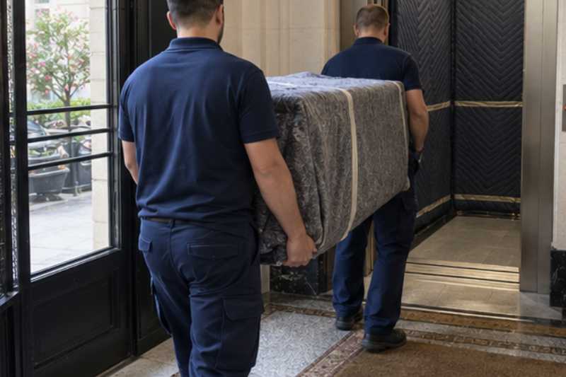 Deux déménageurs portent des meubles emballés sous couvertures, hall d'immeuble avec ascenseur aux parois protégées