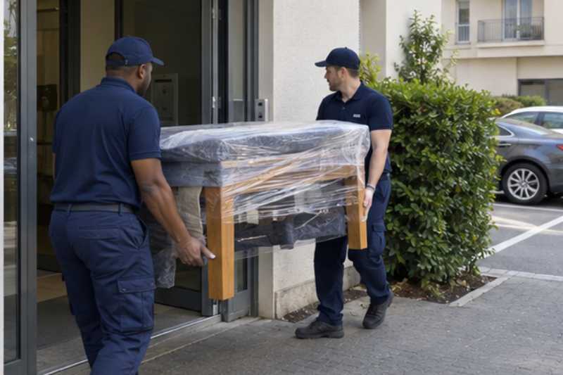 Deux déménageurs sortent une table en bois emballée, Aulnay-sous-Bois