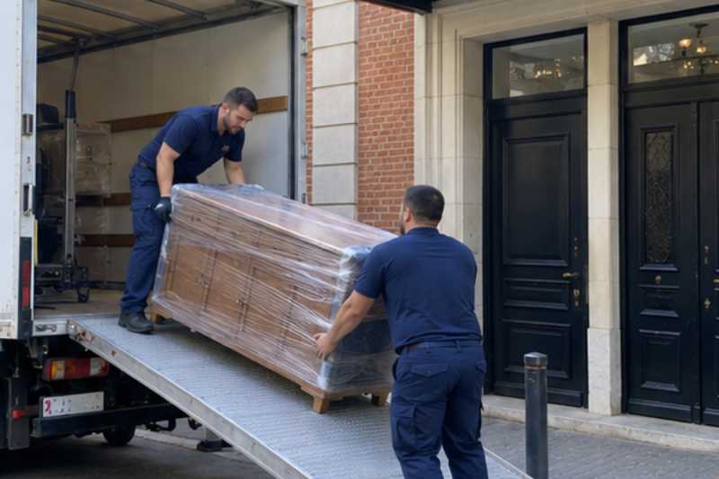 Chargement d'un buffet emballé par la rampe du camion, Bagnolet