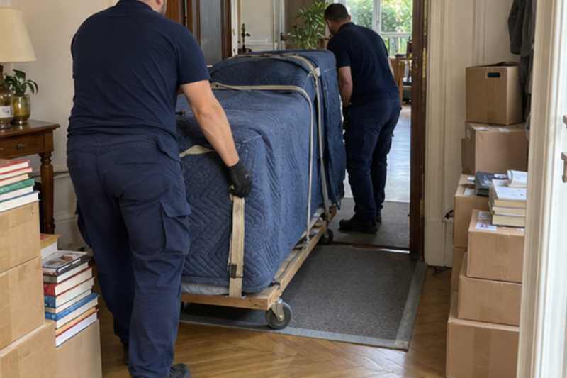 Déménageurs qui déplacent un piano demi-queue couché sur une planche de transport, protégé par des couvertures, entrée d'appartement avec des cartons de livres empilés