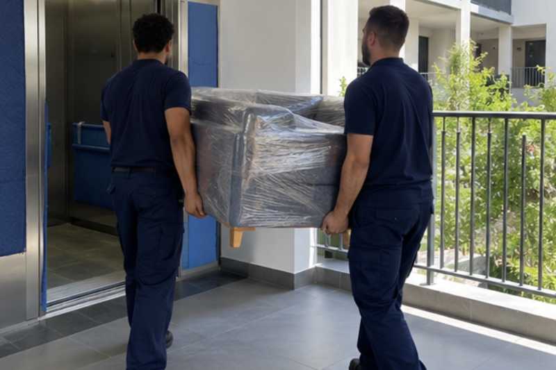 Déménageurs portant un canapé emballé sous film plastique, Bagnolet