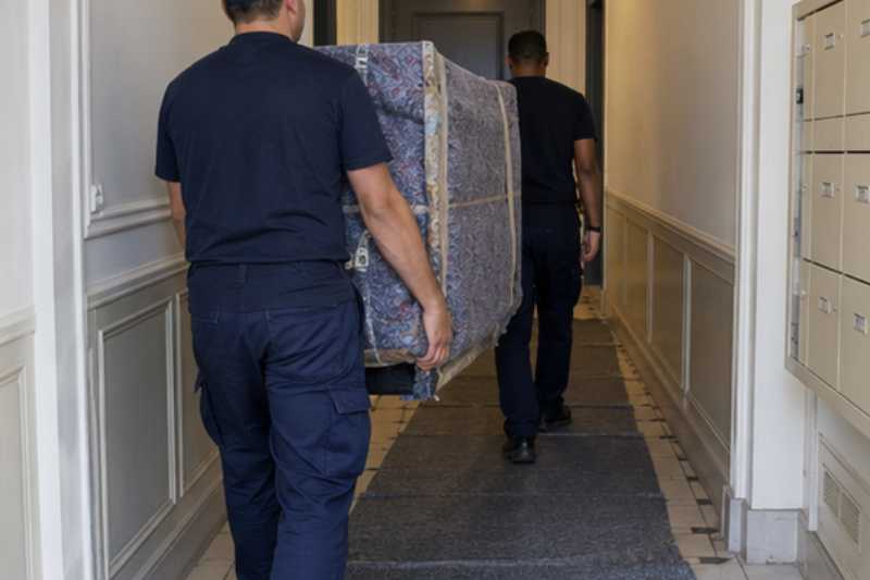 Deux déménageurs portent des meubles emballés sous couvertures, long couloir d'immeuble protégé par des tapis