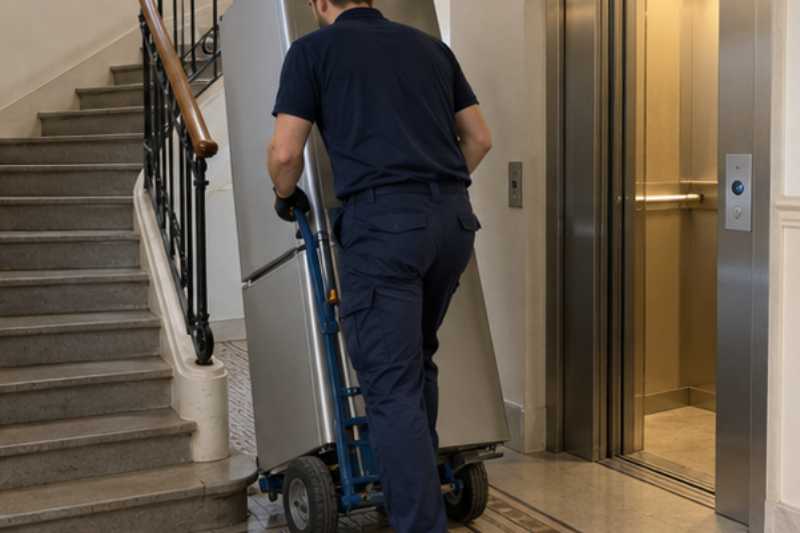Déménageur qui roule un réfrigérateur combiné debout sur un diable, cage d'escalier à côté d'un petit ascenseur