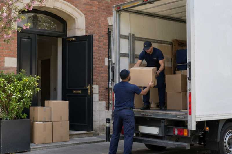 Camion blanc stationné devant l'entrée, deux déménageurs chargent des cartons, Bondy